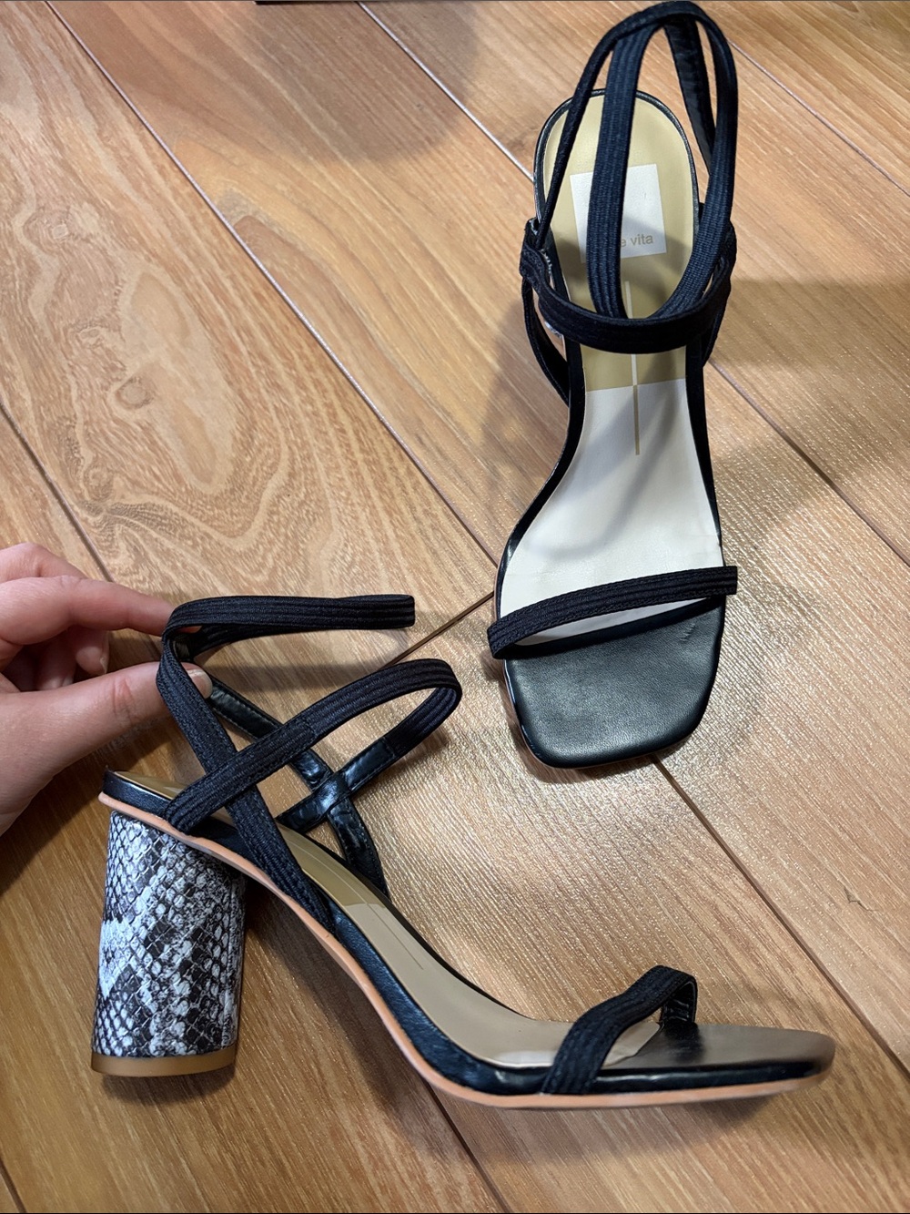 Dolce vita Black Strappy Block Heel Sandals with Snakeskin Accent
